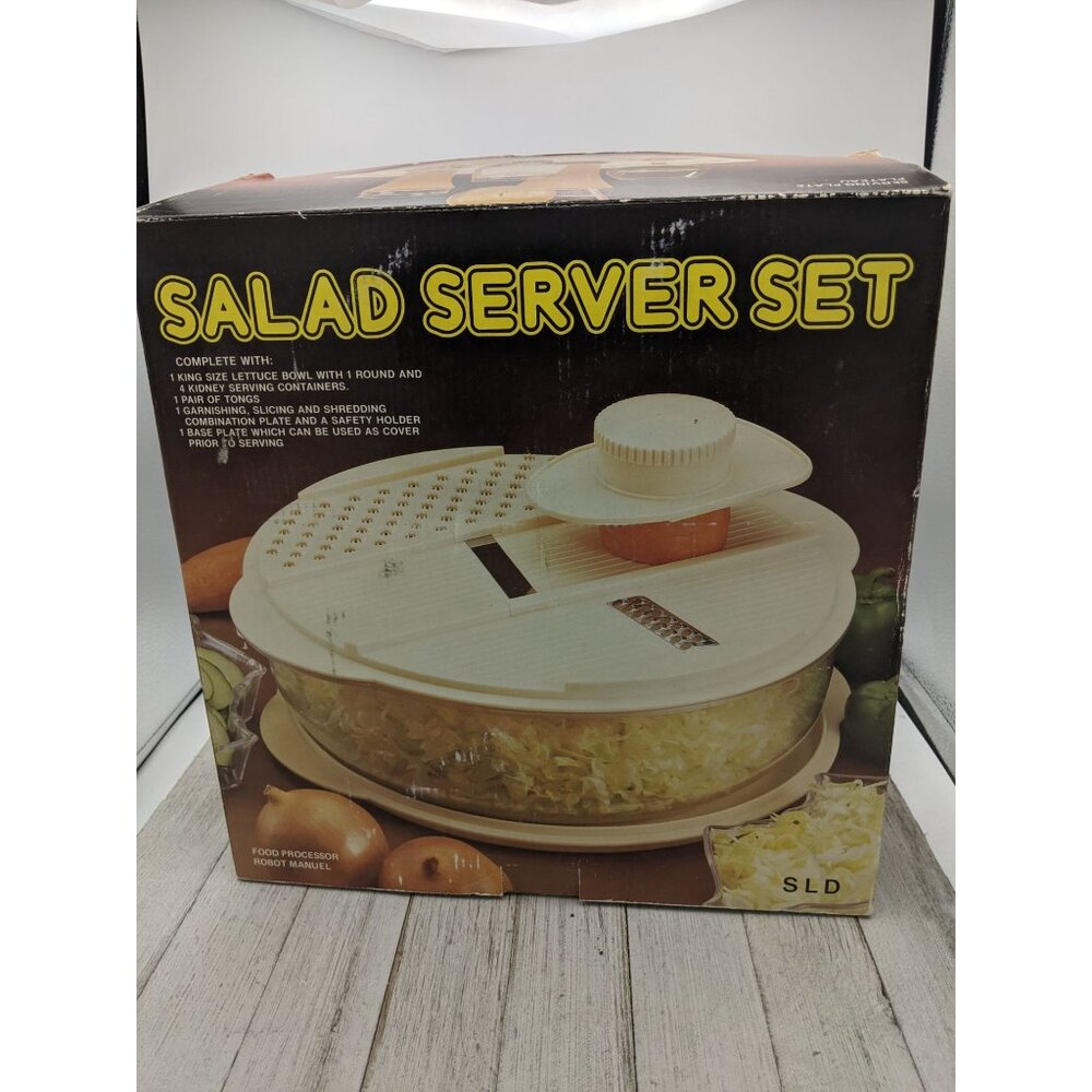 Vintage Manual Food Processor With Bowl Tongs Plate Kidney Servers Beige Clear